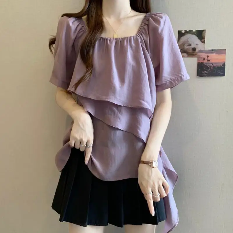 

Loose Women's Summer Shirt Square Collar Design Chiffon Top Cover Belly French Style Fashion plus Size Women's Premium Blouse