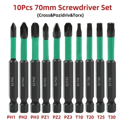 10Pcs 70mm Magnetic Screwdriver Set Cross Pozidriv Torx Bit Set 1/4