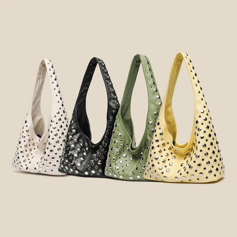 2025 Women's New Round Dot Rivet Shoulder Handbag Fashion Bucket Bag Solid Color Underarm Bag