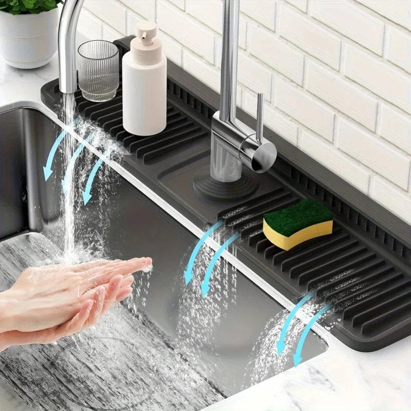 Kitchen Sink Splash Guard with 7° Slope Design | Quick Drain Faucet Mat, Snap-On Fixation | Splash Catcher for Kitchen