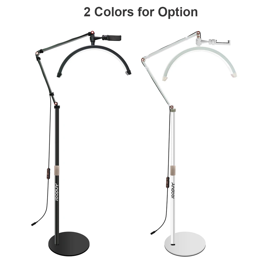 Andoer HD-M2X 20W Floor LED Video Light Half-moon Shaped Fill Light 3000K-6000K Dimmable with  Metal Light Stand Phone