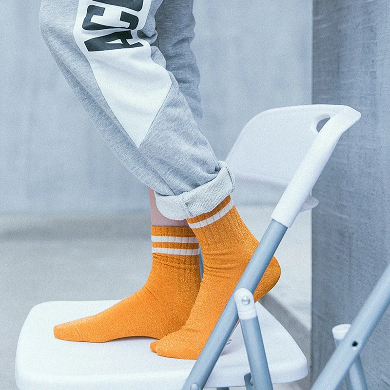 Fashion Striped Glitter Socks For Women Harajuku Shiny Socks Trendy Streetwear Filigree Cotton Loose Socks Cute Female Lingerie