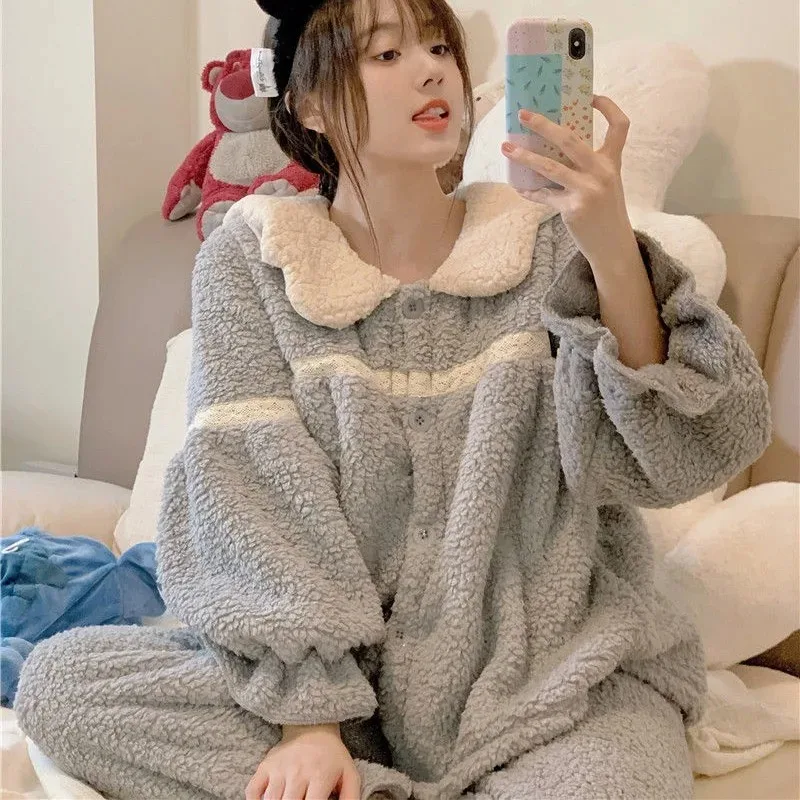 2023 New Lovely Sweet Pajamas Women Warm Long-sleeved Home Clothes Autumn Winter Padded with Velvet Coral Velvet Petite Suit