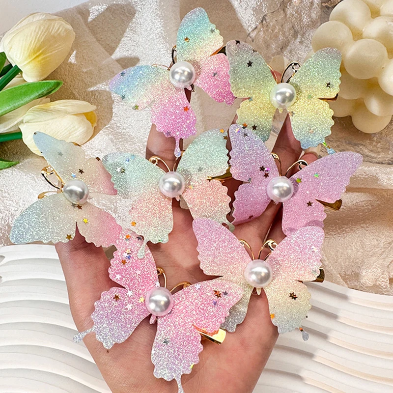 Pearl Colorful Butterfly Hairpin Girls Hair Accessories Coiled Hair Gradient Hair Clips Exquisite Headwear Hair Decoration Gift