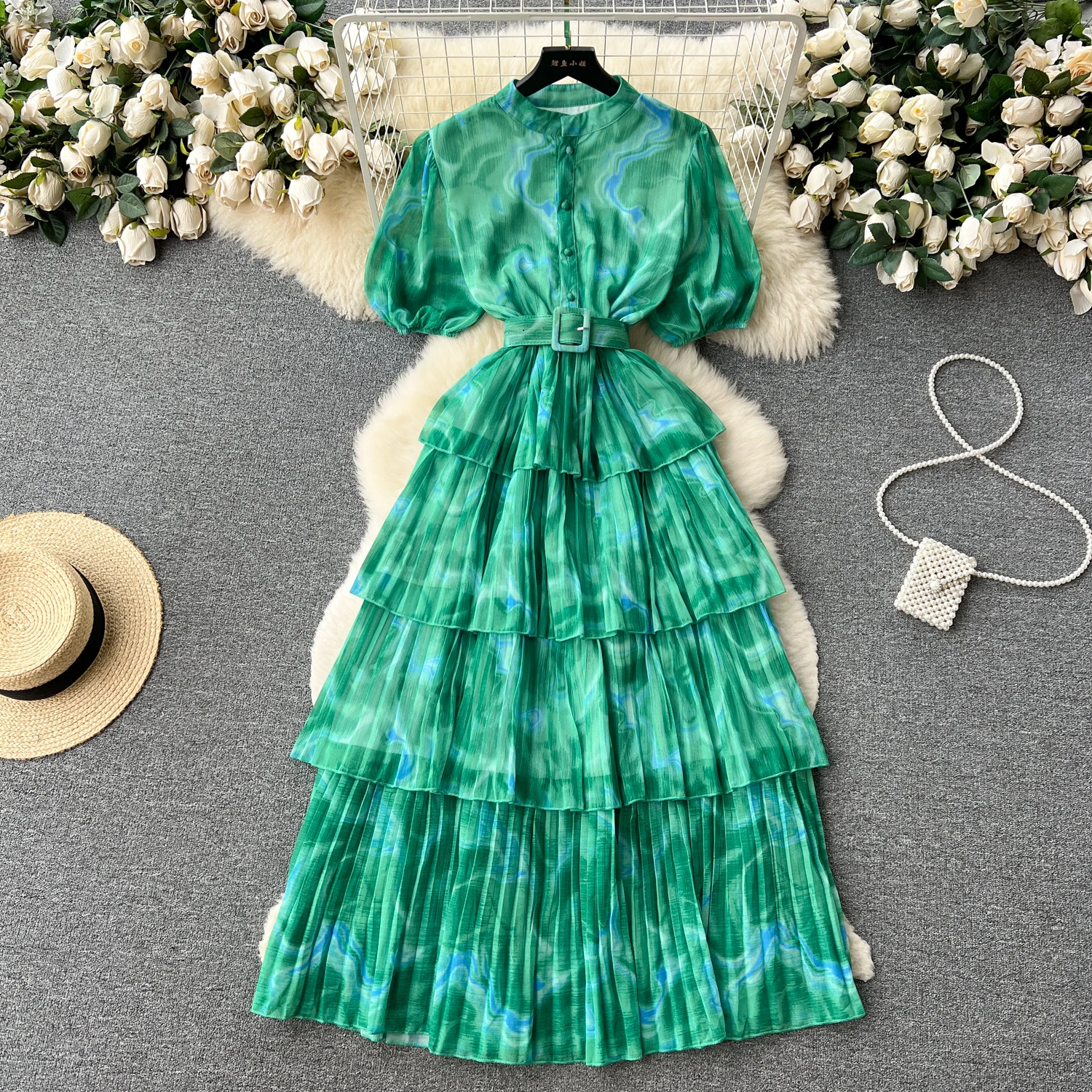 O-neck Single Breasted Puff Short Sleeve Dress High Waist Belt Slim A-line Cascading Pleated Cake Robe Vintage Print Vestidos