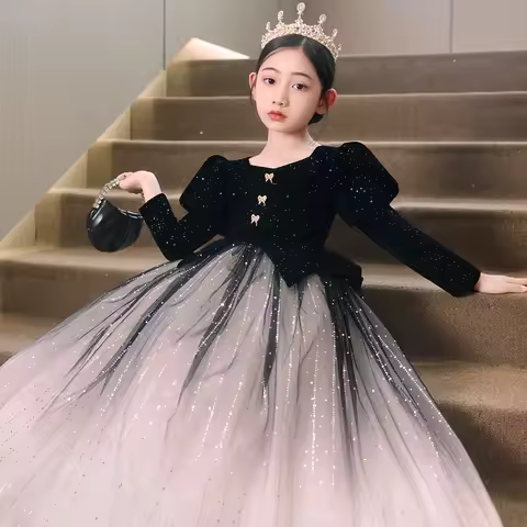 Girls' Velvet Evening Dress Host Dress Princess Dress Autumn Violin Performance Dress Piano Performance Dress