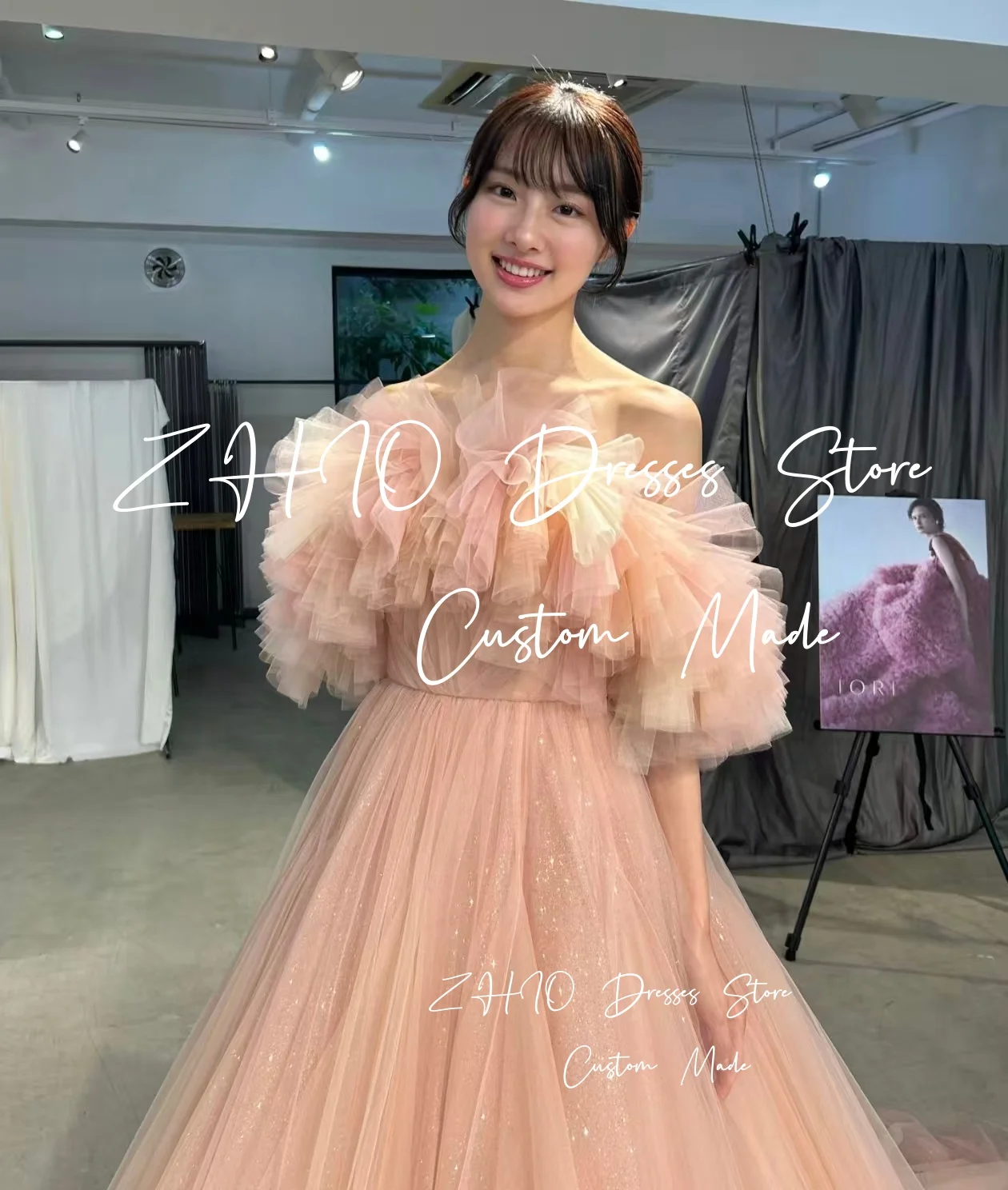 

ZHIO Свадебное платье принцессы с рюшами и открытыми плечами, тюлевое платье с скользящим шлейфом, корейское свадебное платье для фотосессии по индивидуальному заказу 웨딩드레스