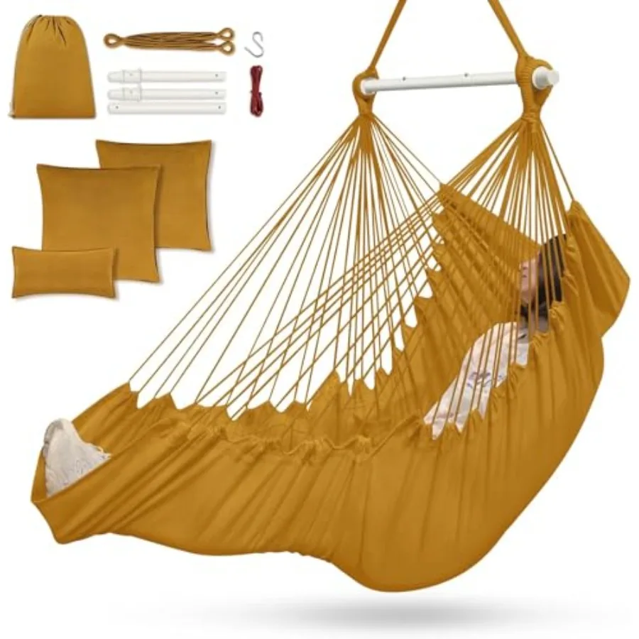 

Hammock Chair Hanging Chair with 3 Cushions and Feet Rest Support Sturdy Metal Spreader Bar Max 500Lbs Swing Chair for Bedroom