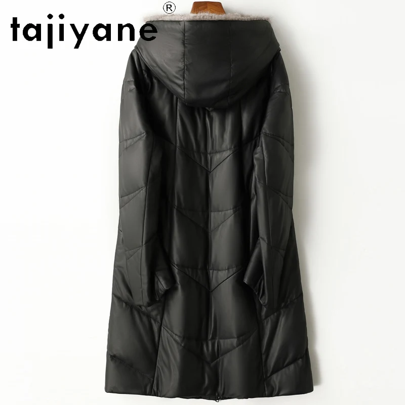 TAJIYANE 100% 최고급 양가죽 구스다운 코트 중간 길이 진짜 가죽 패딩 재킷 여성용 밍크 퍼 모자 2025 겨울