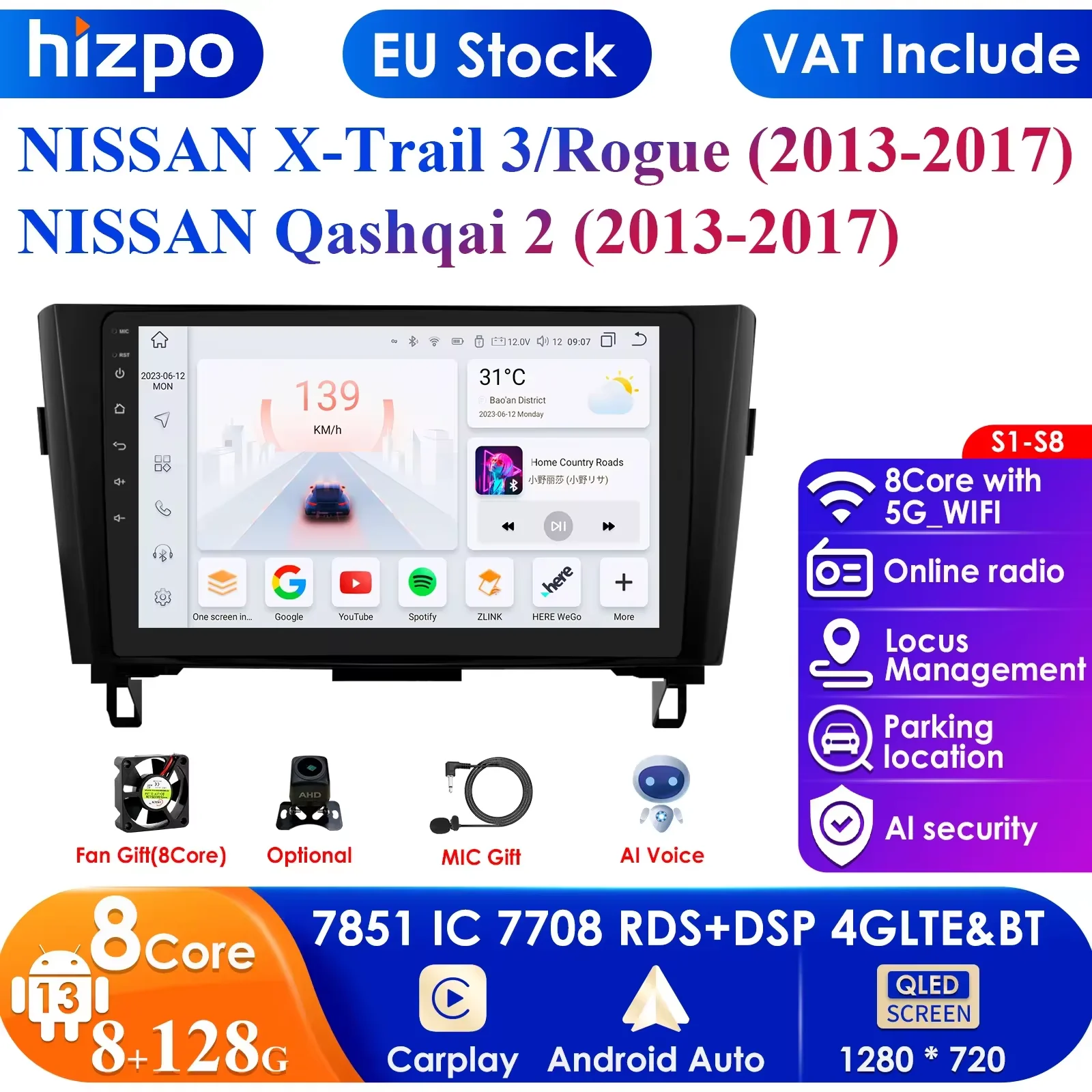 7862 Screen 2din Android Car Radio Multimedia Video Player for Nissan Qashqai J11 X-Trail 3 T32 2013-2017 GPS Carplay Auto 4G P