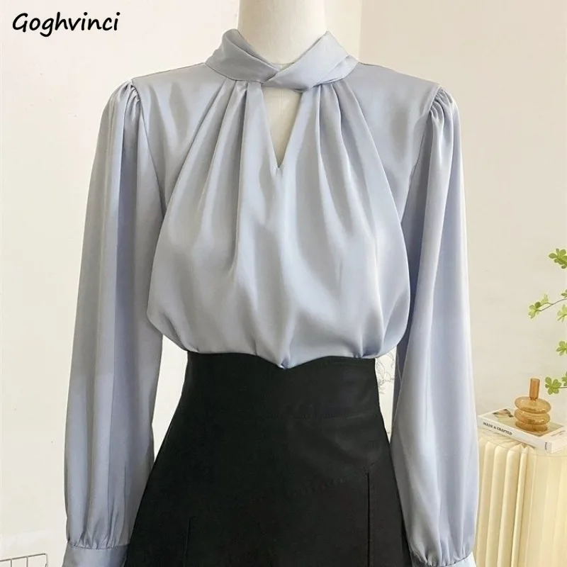 Blouses Women Elegant Simple Solid Color Draped Hollow Out Folds Long Sleeve French Style Ins Stylish Office Commuting Spring