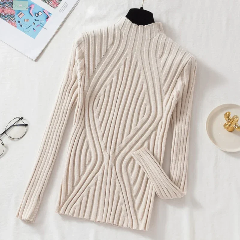 Autumn Winter Long Sleeve Knitted Sweater Half Turtleneck Women Sweater Vintage Basic Knitwear Tops Casual Slim Pullover Jumpers