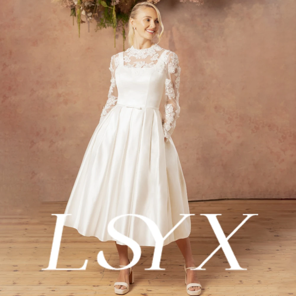 LSYX Customized Wedding Dress High Neck Long Lace Sleeve Midi Satin Skirt Back Button Pockets A Line Elegant Stylish Unique
