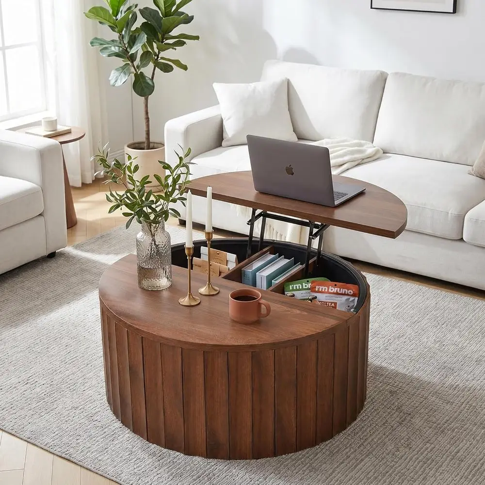 Round Coffee Table with Storage for Living Room, 31.5 Diameter, Modern Design