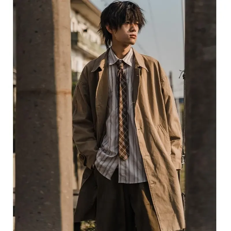 Men's Japanese Retro Trench Coat Loose Solid Color Casual Mid-length Windbreaker for Couples