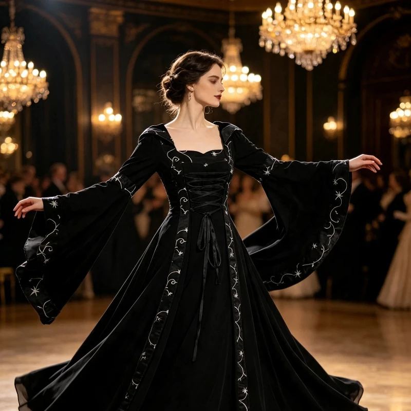 Damen Gothic-Kapuzenkleid, mittelalterliches Renaissance-Kleid mit ausgestellten Glockenärmeln, Schnürung, langes Kleid, Halloween-Hexen-Vampir-Cosplay-Partykostüm