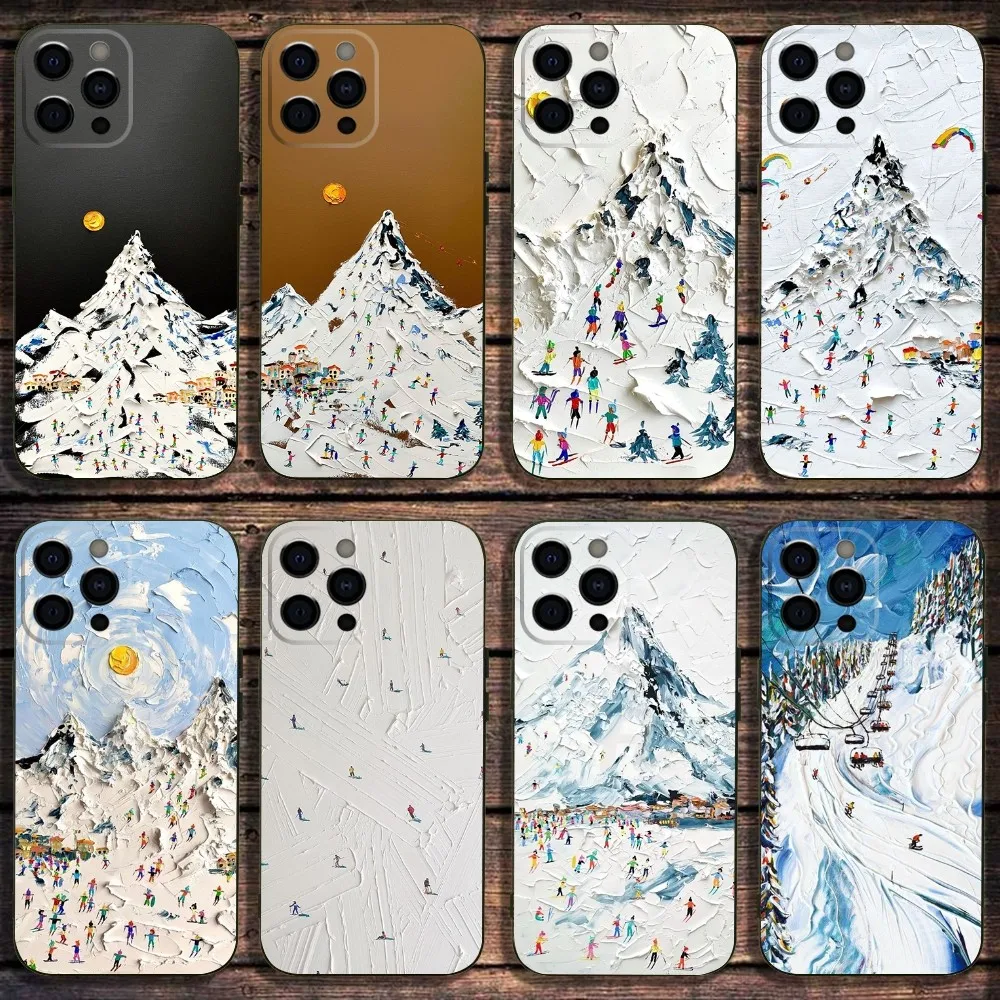 

Snow Mountain Skiing Oil Painting Phone Case For iPhone 16,15,14,13,12,11,Pro,X,XS,Max,XR,Plus,Mini Soft Black Cover