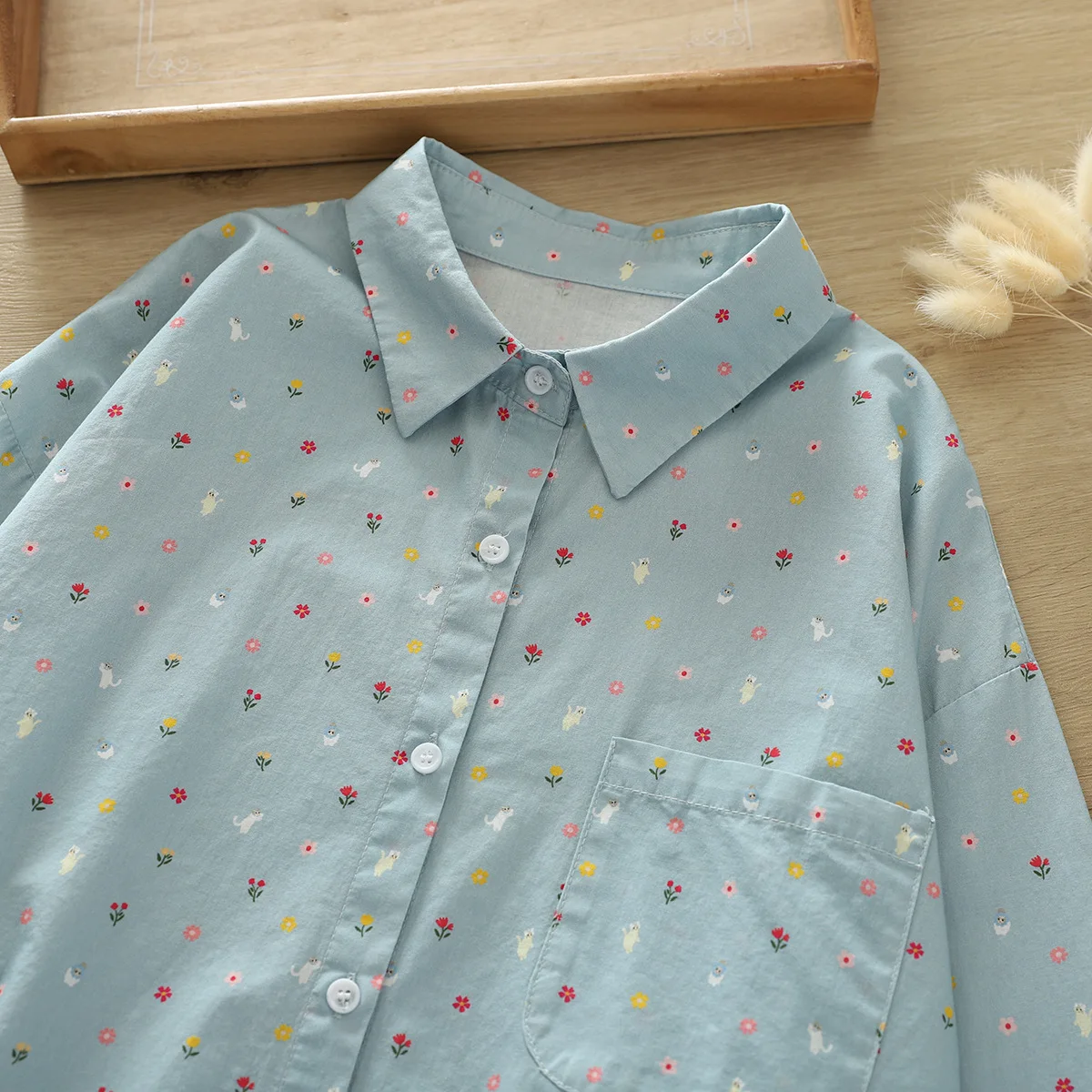 New Autumn Cotton Shirts Women Round Collar Cute Flower Print Tops Long Sleeve Pocket Loose Casual Blouses Spring T38525JM