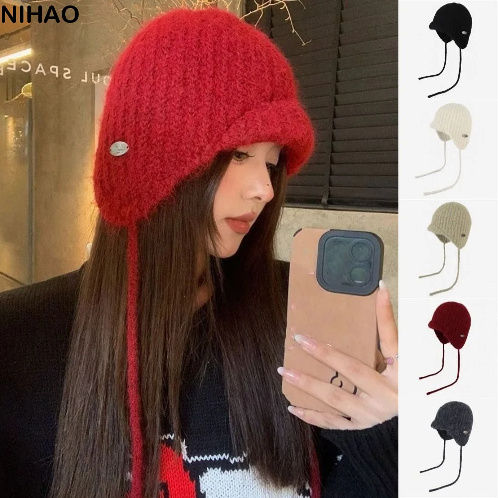 Fashion Korean Style Knitted Hat Rabbit Fur Woolen Beanie Hat Solid Color Cold Proof Knit Cap Girls