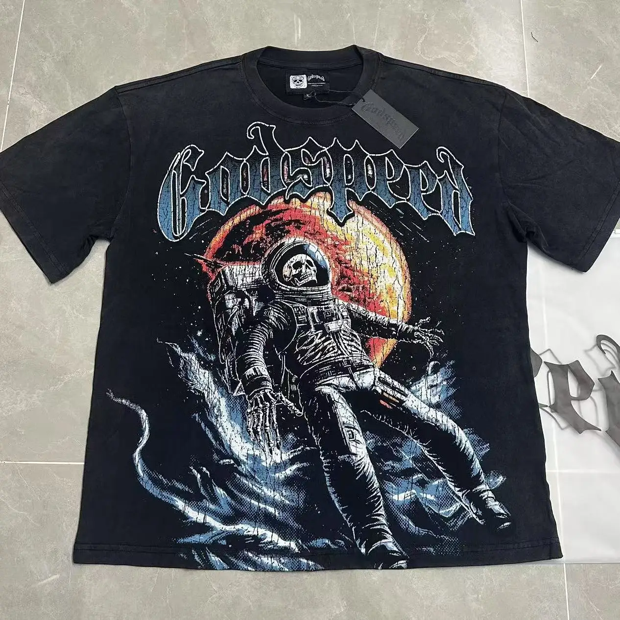 Godspeed Retro Washed Cotton T-Shirt Short Sleeve Skeleton Astronaut Print Street Style Casual Loose Fit Youthful Trendy Top