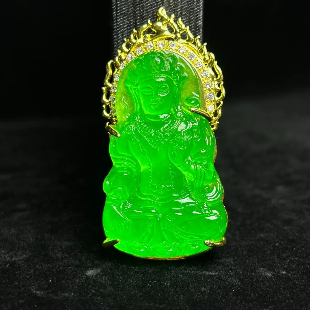 Natural inlay Ice green jade Jadeite Guanyin Pendant&Necklaces