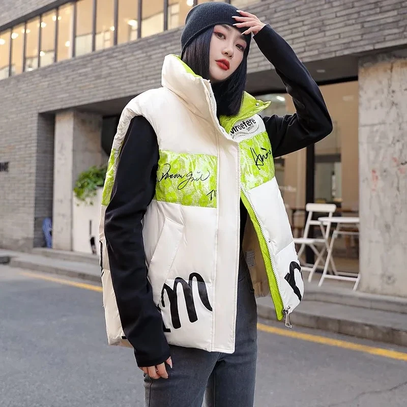 

Down Waistcoat Vest Women's Short Outwear Autumn Winter Fashion Sleeveless Loose Bright Vests White Duck Waistcoat Warm Jacket