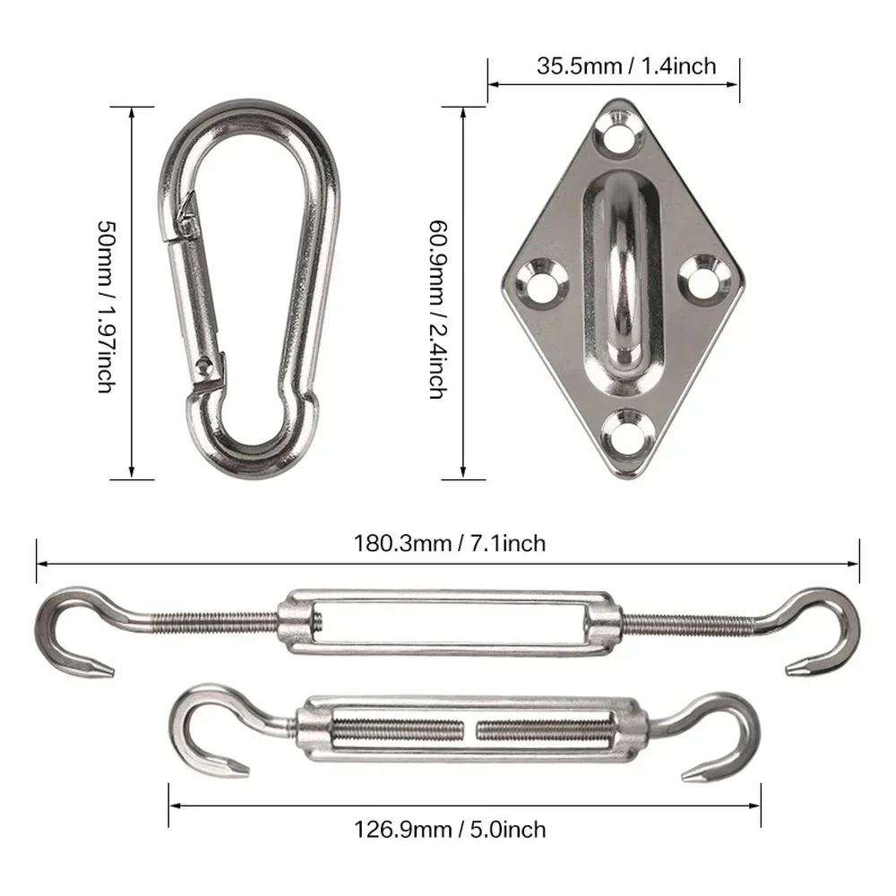 Accesorio para toldo de vela parasol, 24 unids/set, Kit de herrajes de acero inoxidable 304, almohadilla tensora, mosquetón para ojos, Clip, tornillos de gancho plateados