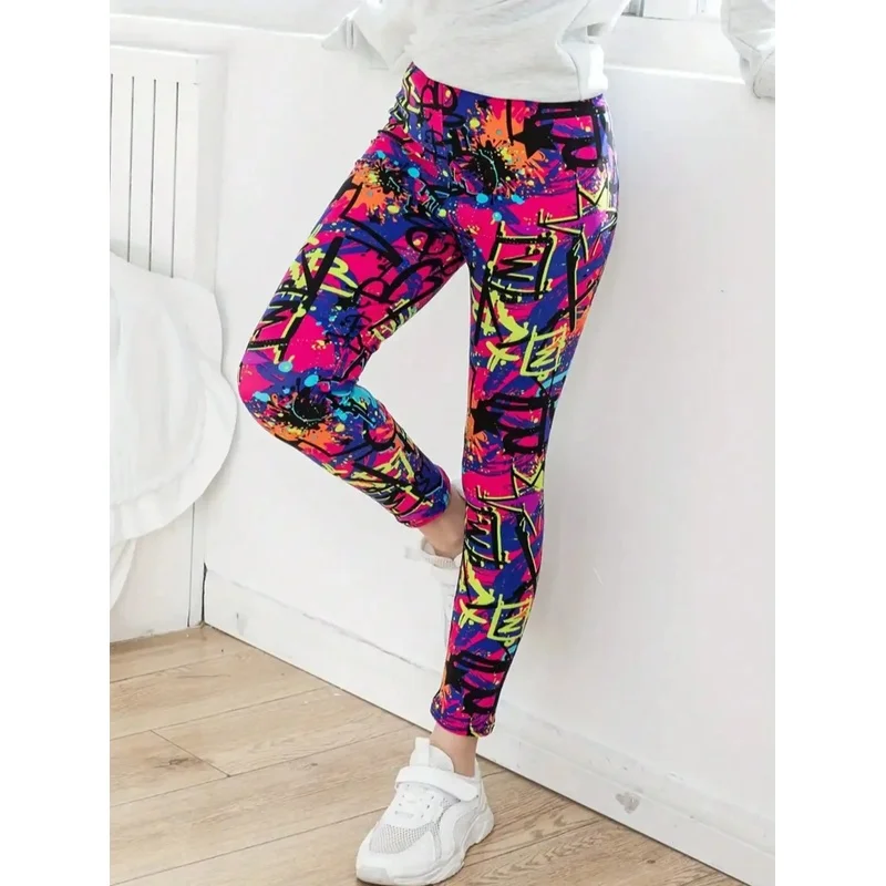 Children's Colorful Graffiti Printed Casual Elegant Fashionable 9-Inch Tight Leg Binding Pants