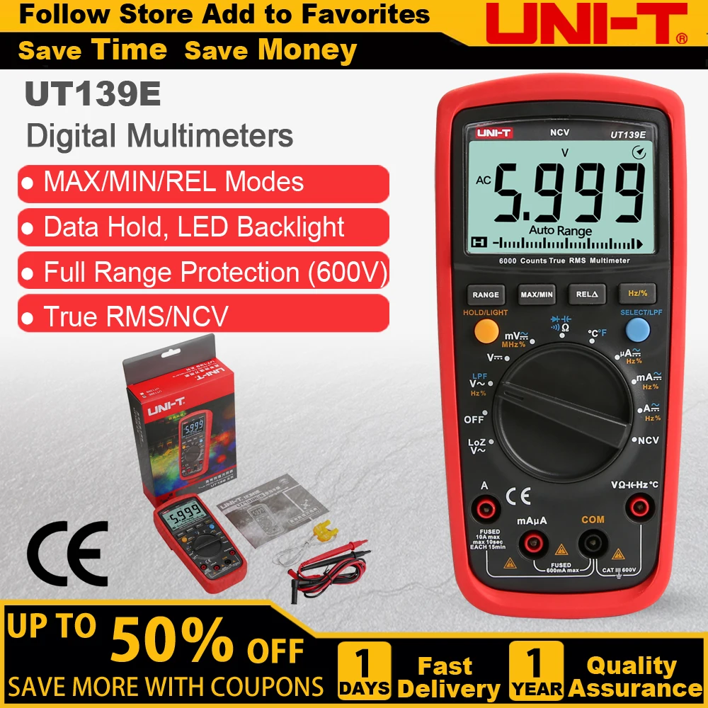 

UNI-T UT139E True RMS Digital Multimeter Temperature Probe LPF pass filter LoZ LoZ (low impedance input) function/Temperature