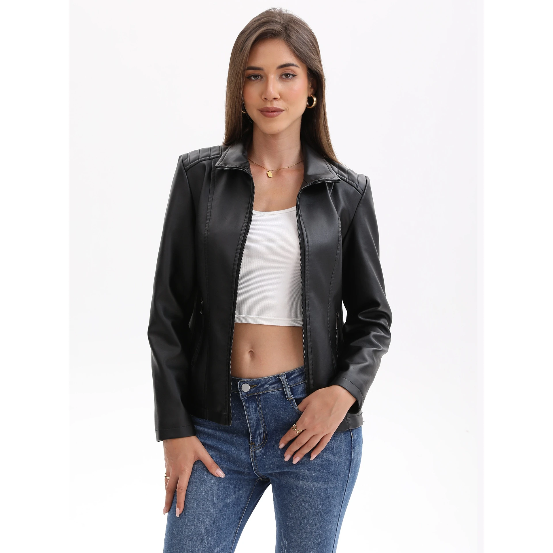 

Faionable ort Knitted Splice Elastic Jaet Women's Leather Coat European Size New Sle Women's Knitted Patchwork Jaet
