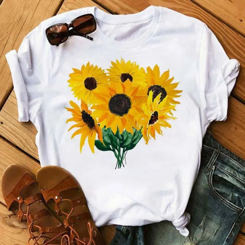 Camiseta con estampado de girasol, pantalón corto informal de manga corta con cuello redondo para primavera y verano, ropa de camiseta de talla grande para mujer