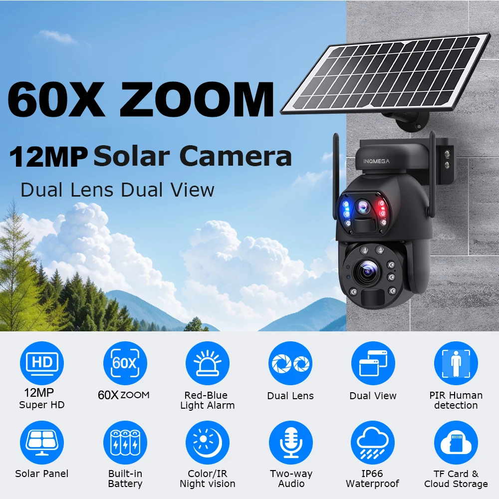 SHIWOJIA 60X ZOOM Solar Powered Camera 4G SIM 12MP 360° WIFI Solar Security Battery Camera Night Vision Dual-Lens Outdoor PIR