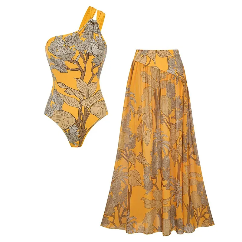 One Shoulder Printed Swimsuit Sets Bandeau Biquini Sexy Bikini Women Swimwear Push Up Bathing Suits Female Long Skirt Beachwear