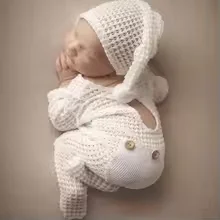 Neworn Footed Jumpsuit for Photo Shooting Infant Photography Outfits Newborn Buttons Pocket Romper with Pom Sleepy Hat Suit