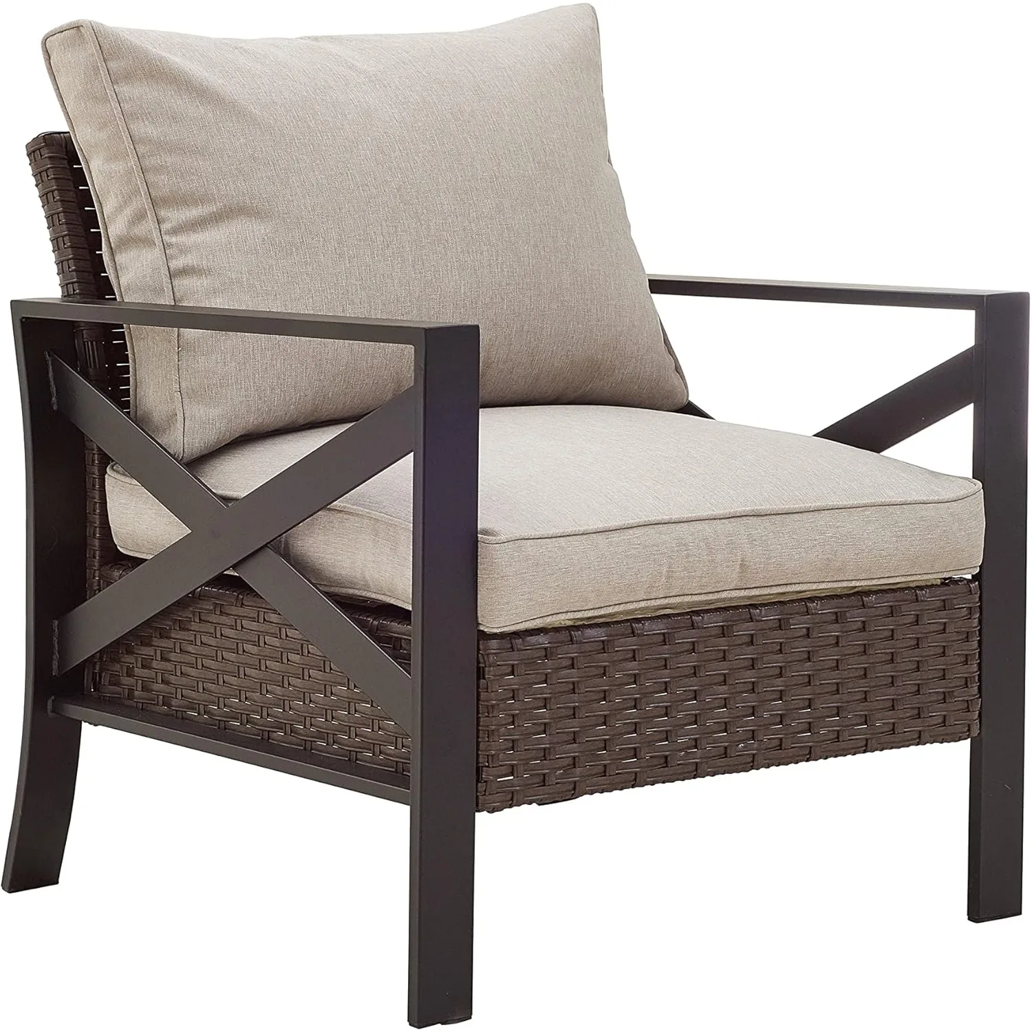 

Outdoor Single Wicker Sofa Armchair, Patio Bistro Rattan Chair with Side X Shaped Steel Frame Leg, Thick Cushion, Brown