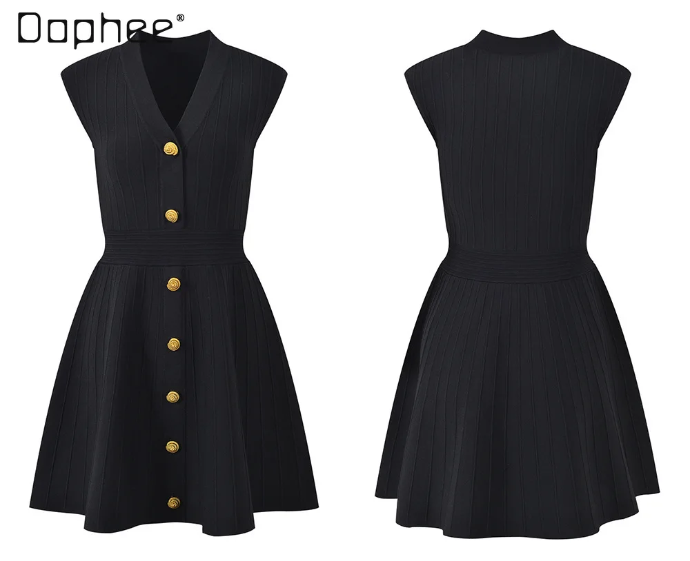 Vestidos de Noche de alta sociedad de estilo francés para mujer, minivestido elegante de oficina con cuello en V y hebilla de Metal, sin mangas, de un solo pecho