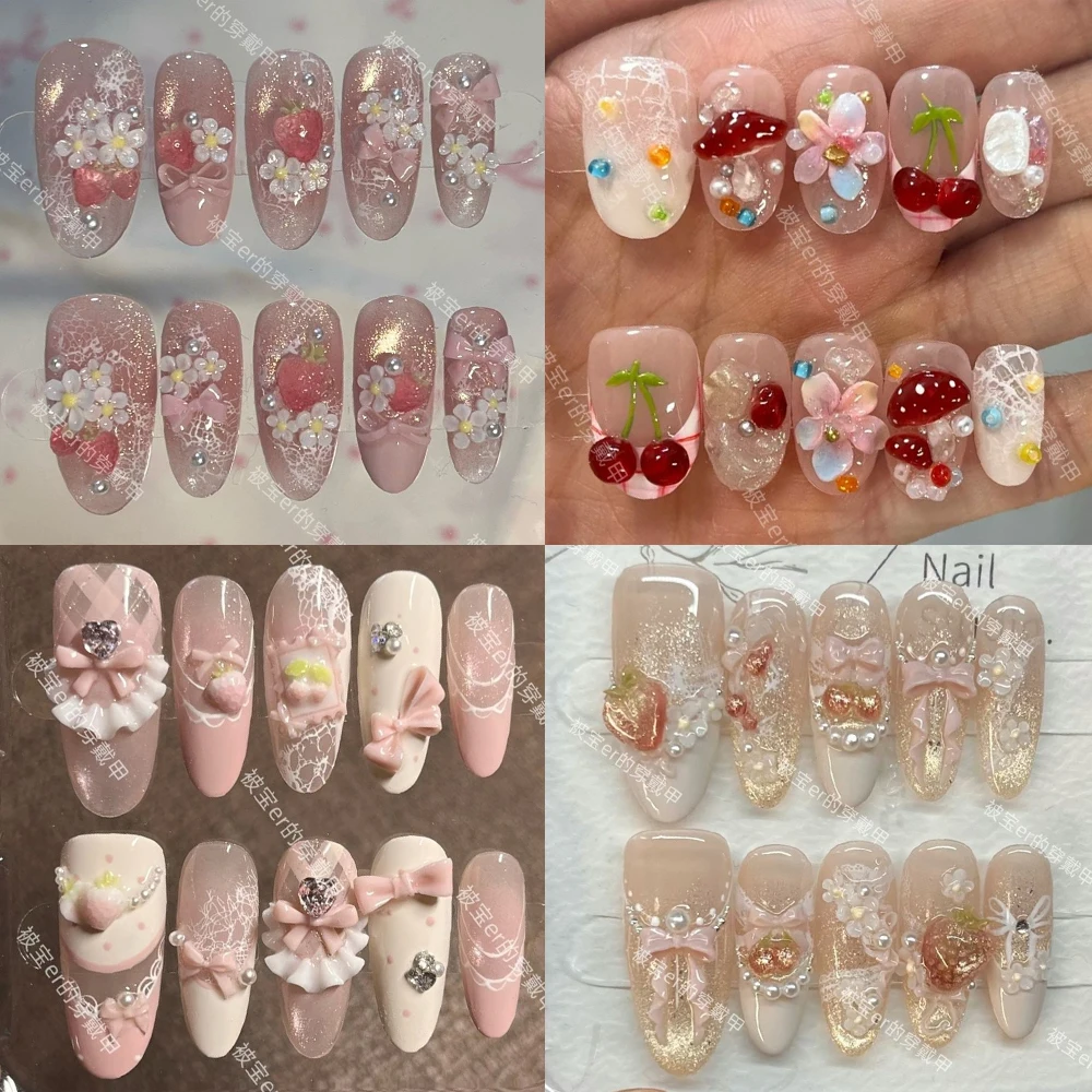 

Sweet Lovely Handmade Long Ellipse Wearable Press On Nails Flower Pearl Strawberry Bowknot Diamond Cat Eyes Full Cover Nail