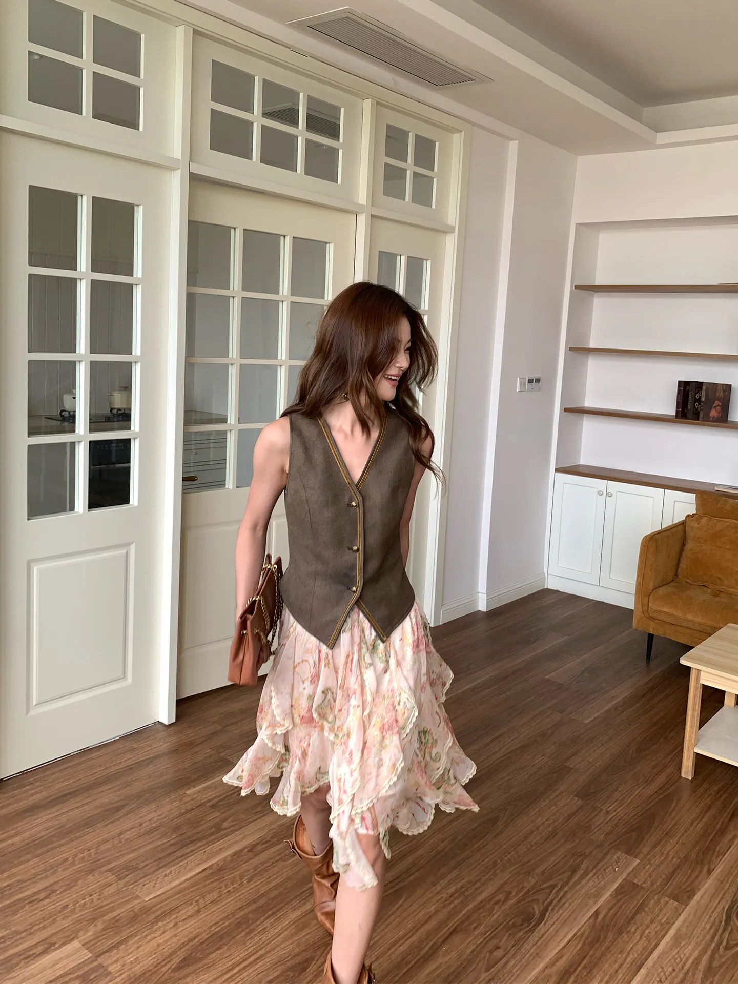 【MAR】Women Bohemian Layered Skirt Lace Trim Paisley Print Irregular Flowy Long Skirt