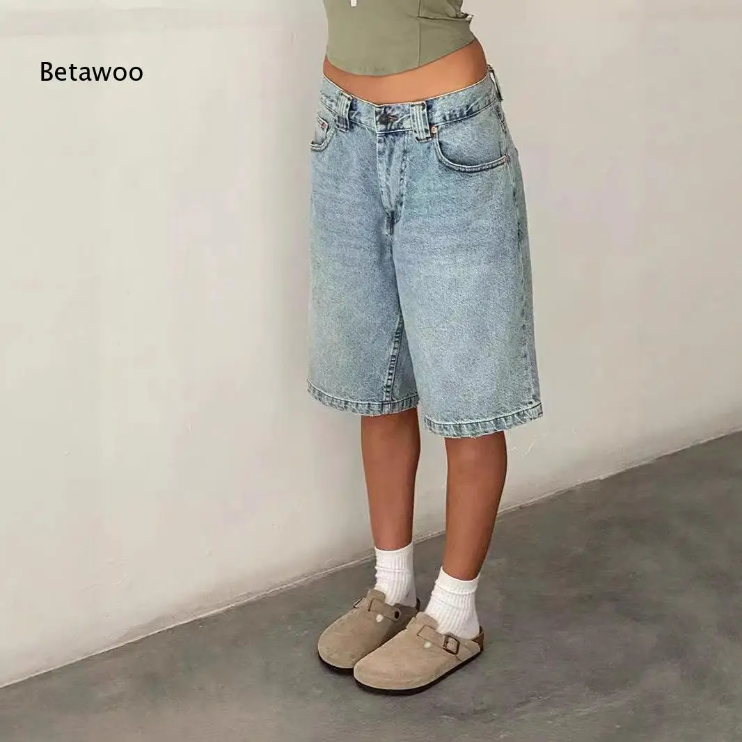

Women's Loose Fit Denim Jorts with Mid-Rise Waist and Classic Pockets, Casual Summer Knee-Length Jean Shorts in Various Washes