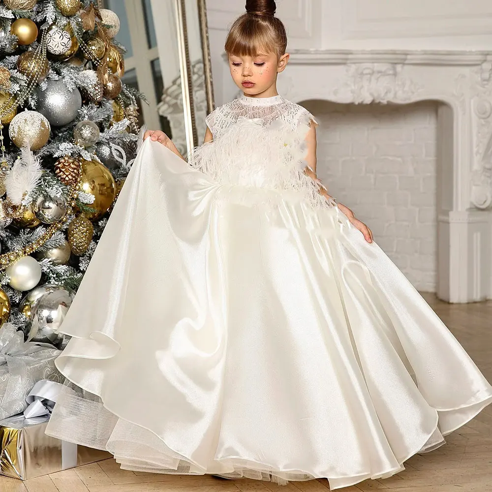 

Jill Wish Luxury Arabic White Girl Dress Beading Feathers Kids Princess Birthday Wedding Party First Communion Gown 2024 J398