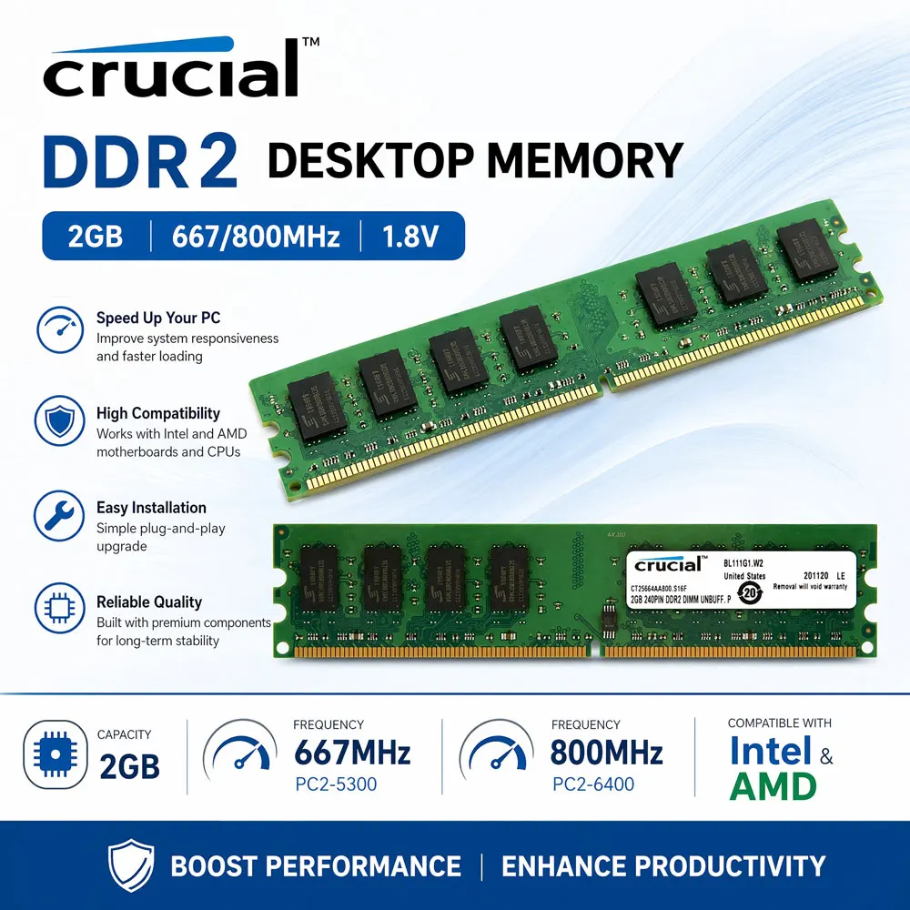 Crucial Desktop PC Memory RAM DDR2 2GB 4GB KIT 2x2GB 667MHz 800MHz Memory UDIMM PC2-5300 PC2-6400 1.8V Non-ECC Unbuffered RAMs