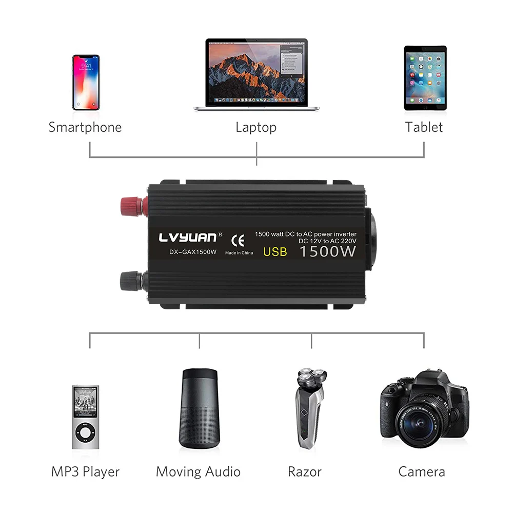 50Hz Lvyuan Car Inverter DC12V to AC220V Power Инвертор 1500W/2000W/4000W Outdoor Charging Adapter for Camera/Phone/Laptop