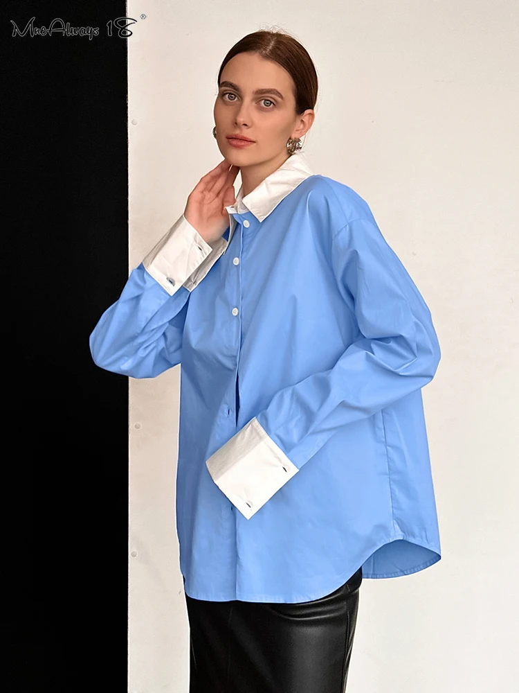 Mnealways18 Patchwork Blue And White Lapel  Oversize Shirts Ladies Office Long Sleeves Tops Classic Chic 2024 Splicing Blouses