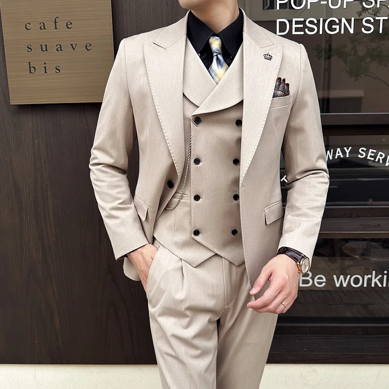 

(Jackets+Vest+Pants) Men's Business Suits Male Slim Fit Blazers Double-breasted Groom's Wedding Dress Man Solid Color Tuxedo 5XL