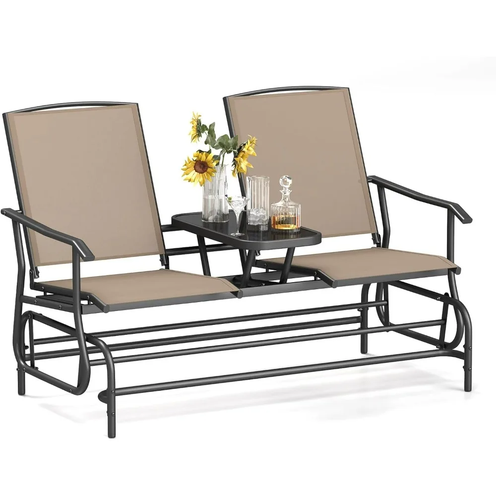 

2 Person Swing Glider Chair, Patio Rocking Loveseat w/Center Tempered Glass Table, Outdoor Swing Bench w/Steel Frame