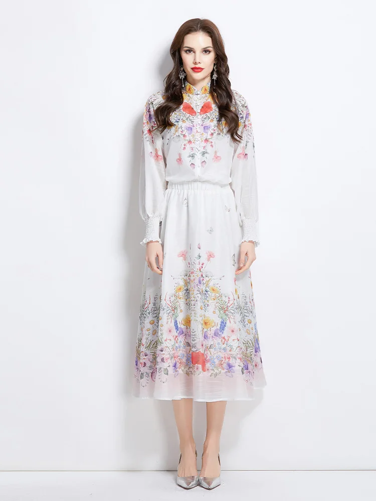 

Spring Summer New Oil Painting Floral Shirt Skirt Two Piece Sets Women's Outfits Casual Chiffon Blouse + Pleated Mid Skirt Suits