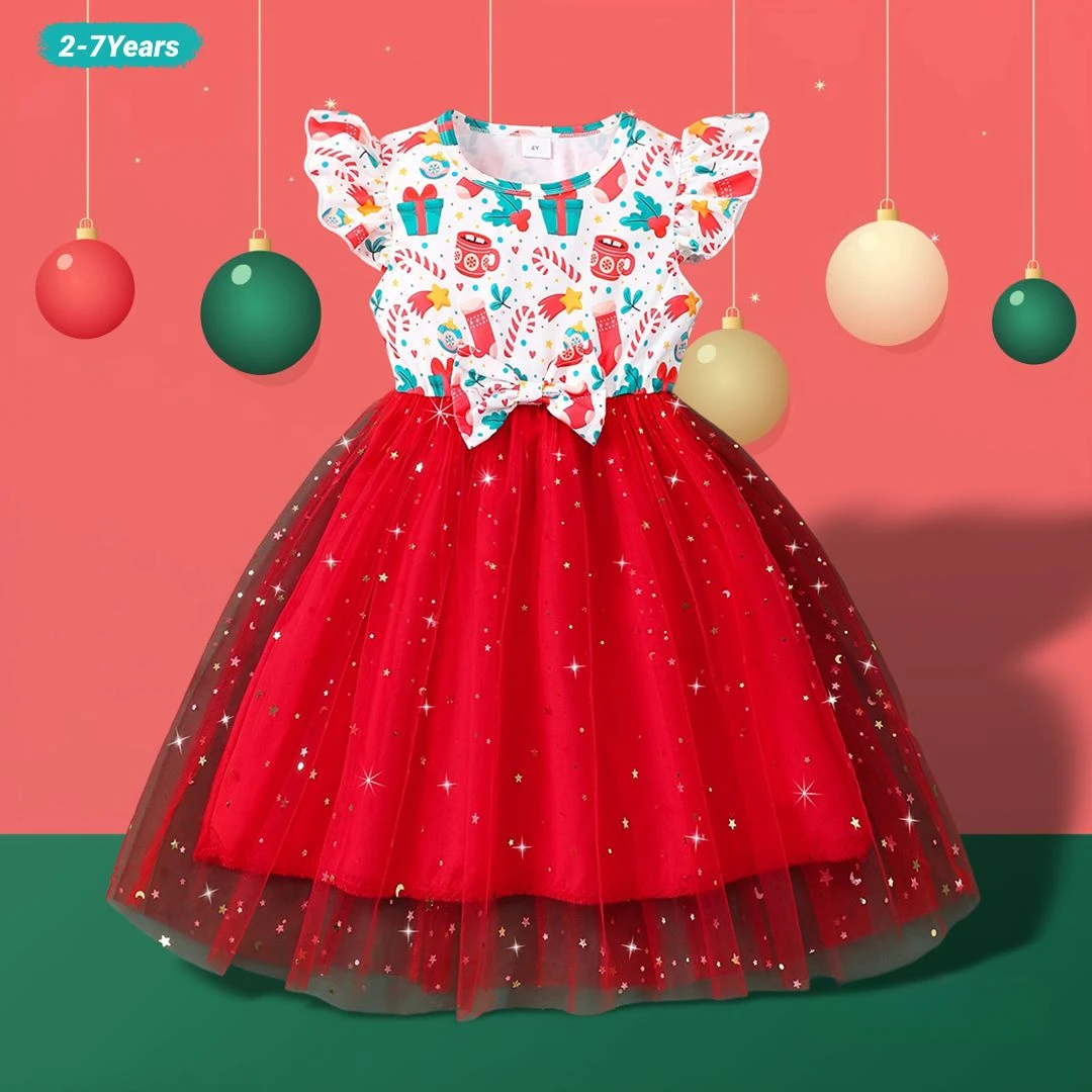 2024 Christmas Kids Girls Dress Summer Short Sleeve Bow  Gauze Children Dress Casual Soft Ventilate Sweet Girls Clothing 2-7Y