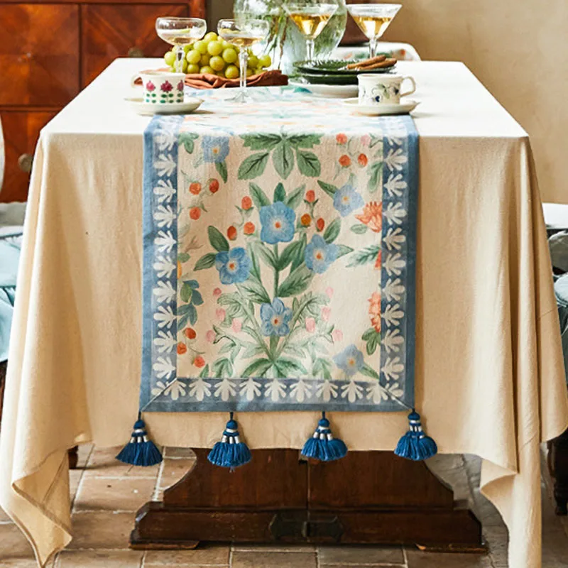 

Pastoral Style Table Runner Tassel Hand Drawn Flower Patterns Cabinet Table Decoration And Accessories Restaurant Living Room