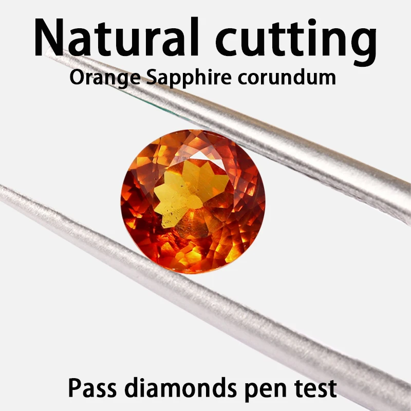 Natürlich geschnittener orangefarbener Saphir, rund, synthetischer Korund, Pass-Diamanten, Stifttest, Edelsteinsteine