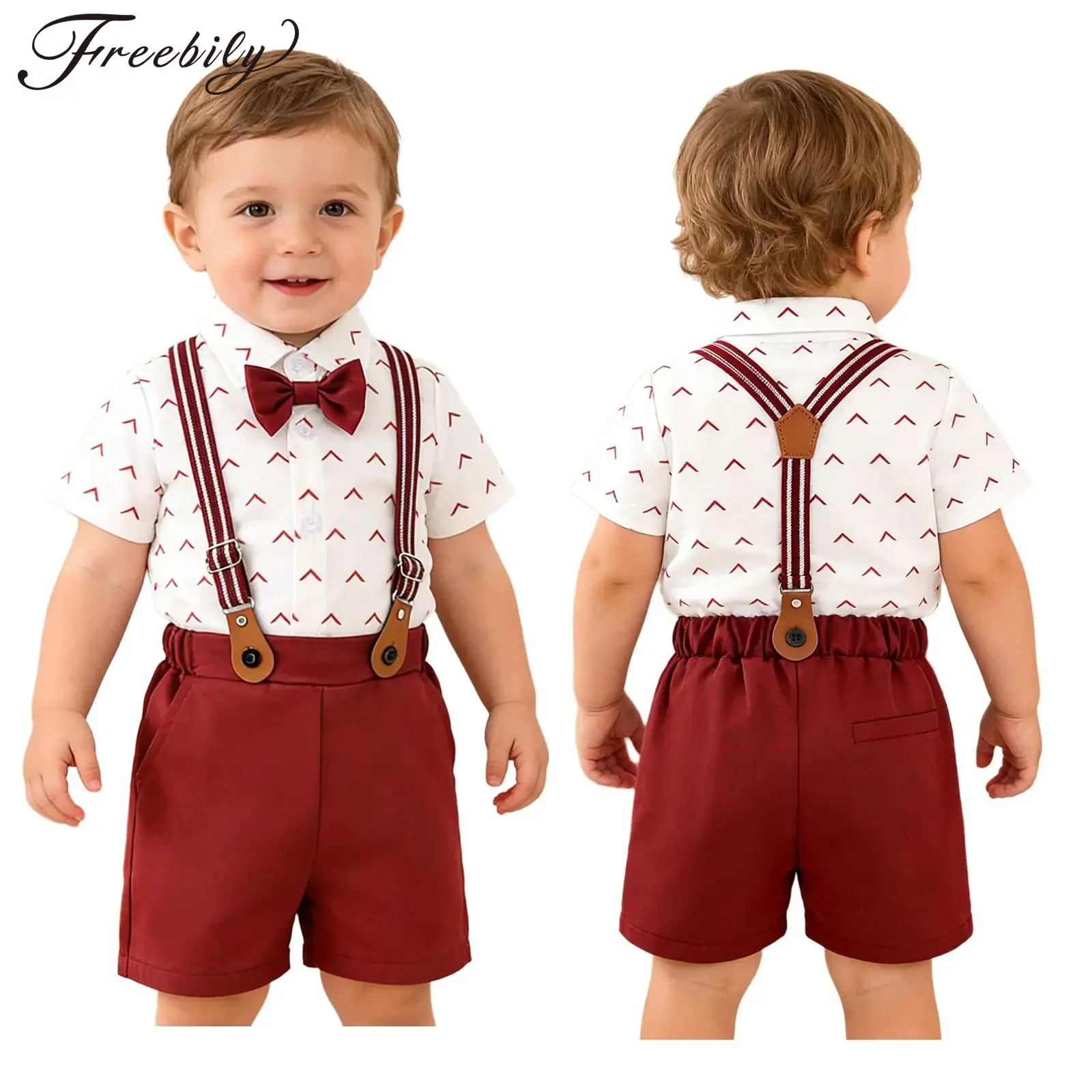 

Детский костюм для мальчиков: рубашка с коротким рукавом, принтом и пуговицами, шорты-комбинезон, галстук-бабочка. Наряд для свадьбы, дня рождения, фотосессии.